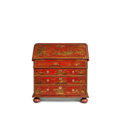 View full screen - View 1 of Lot 140. A William and Mary Gilt and Scarlet Japanned Slant-Front Desk, Circa 1700.