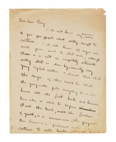 View full screen - View 1 of Lot 22. Hemingway, Ernest | Autograph letter draft, about the principles of good writing; "I wrote a book called The Sun Also Rises in six weeks".