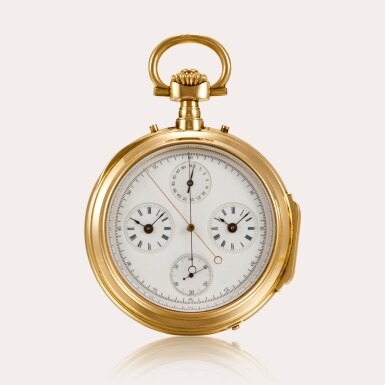 View full screen - View 1 of Lot 175. An extremely rare and unusual 18ct pink gold two-train open-faced watch with independent centre seconds and additional central chronograph jumping seconds hand with subsidiary dial for progressive minute/hour register, Attributed to Audemars Frères, Circa 1890.