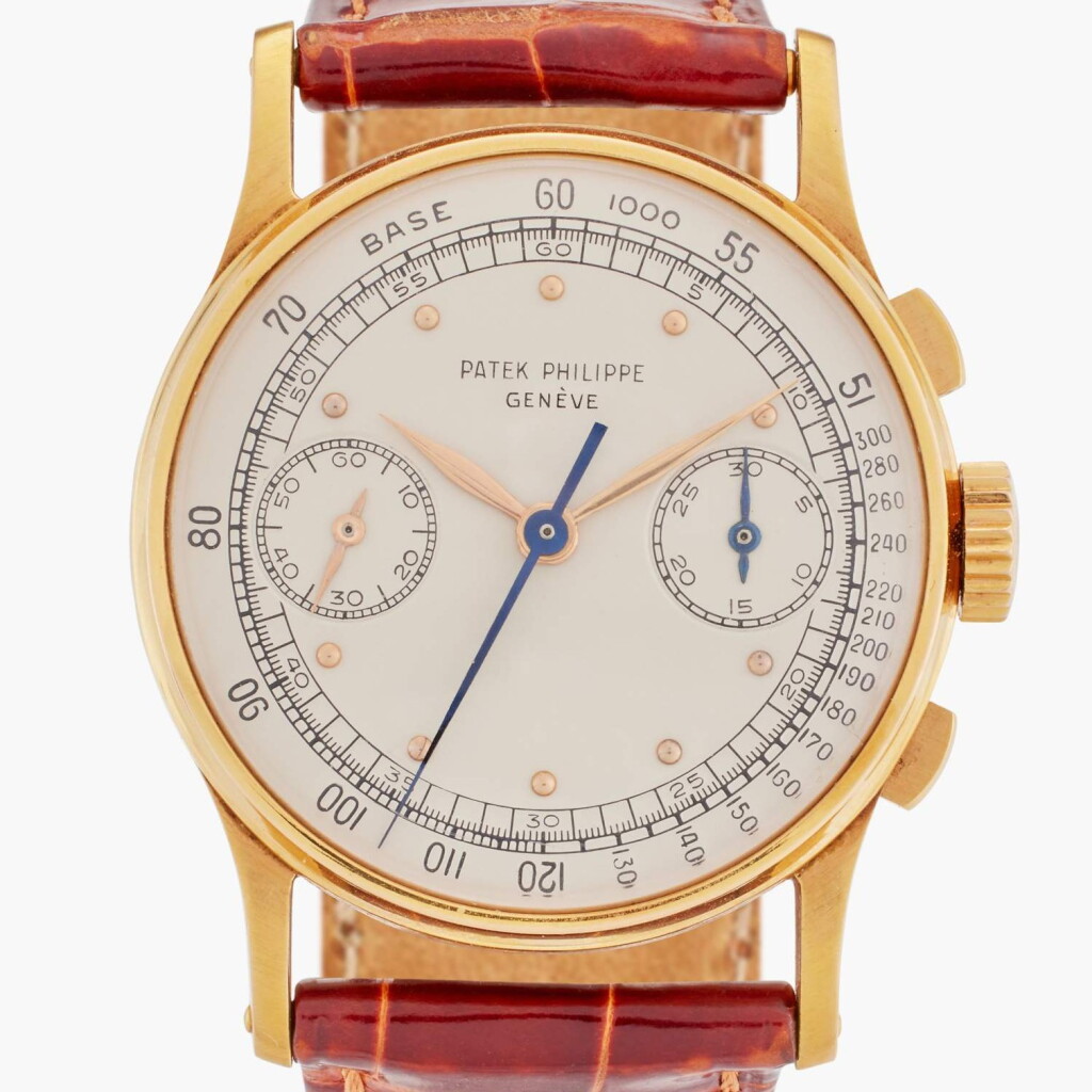 View full screen - View 1 of Lot 197. Reference 130 | A unique pink gold chronograph wristwatch, Circa 1948.