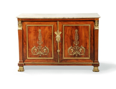 View full screen - View 1 of Lot 37. An Empire gilt-bronze mounted and mahogany commode, early 19th century | Commode à vantaux en acajou et bronze doré d'époque Empire.