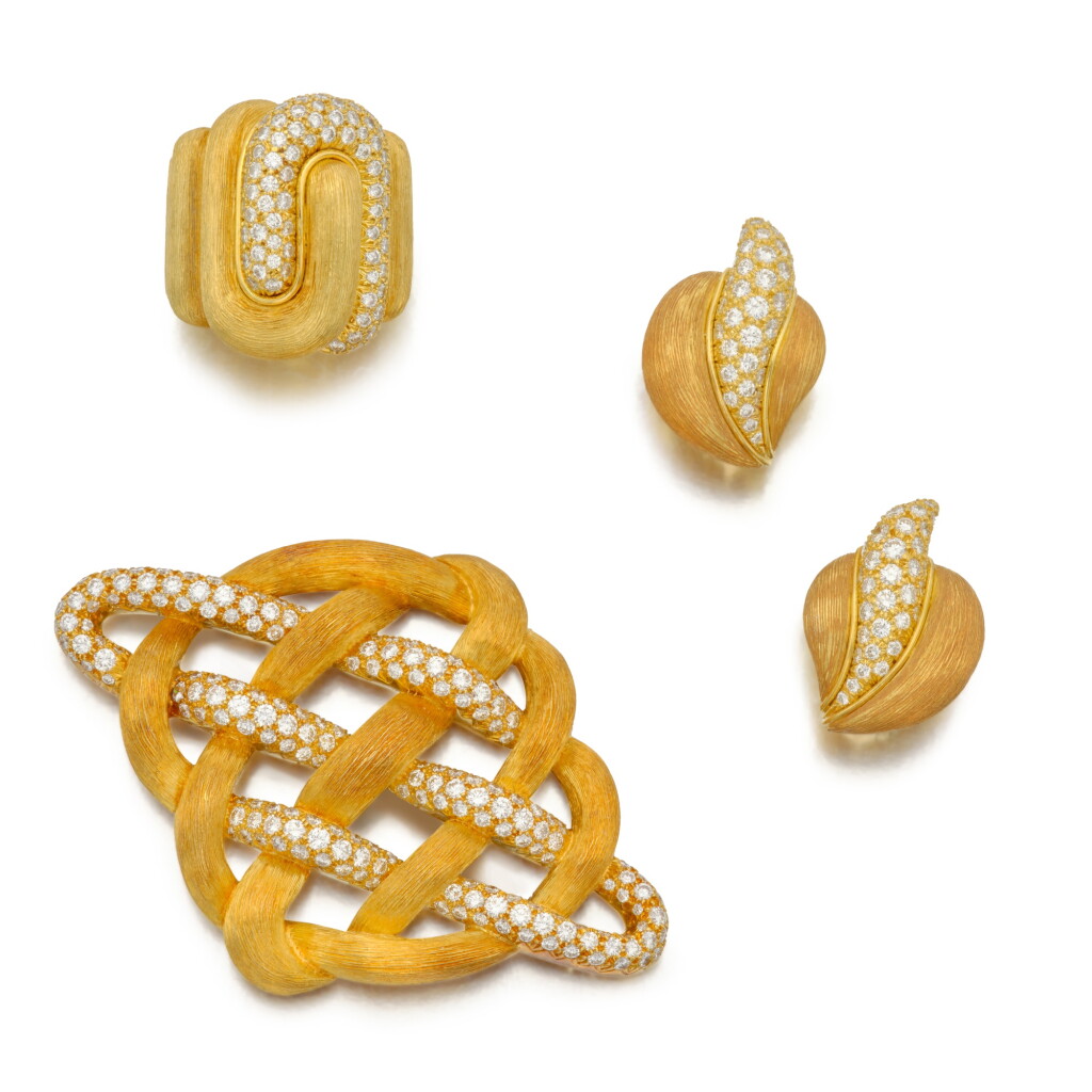 View full screen - View 1 of Lot 145. Gold and Diamond 'Sabi' Ring, Pair of Earclips and Brooch.