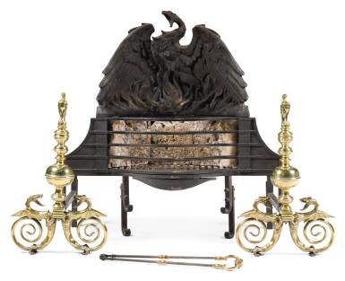 View full screen - View 1 of Lot 196. A SET OF GILT-BRASS AND CAST IRON FIRE GRATE AND ANDIRONS, 19TH CENTURY .