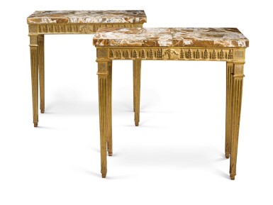 View full screen - View 1 of Lot 112. A pair of Italian carved giltwood console tables, Naples, circa 1780.