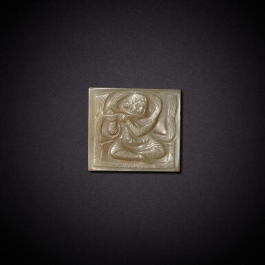 View full screen - View 1 of Lot 3503. A pale celadon jade 'musician' belt plaque, Liao dynasty | 遼 青白玉伎樂紋帶板.