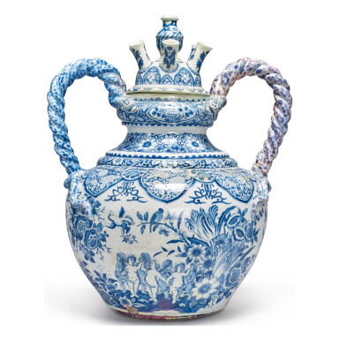 View full screen - View 1 of Lot 292. A DUTCH DELFT BLUE AND WHITE VERY LARGE SERPENT-HANDLED TULIPIERE SECTION AND COVER, CIRCA 1690.
