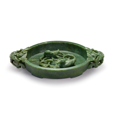 View full screen - View 1 of Lot 3648. A spinach-green jade high-relief 'mandarin duck' washer Qing dynasty, 18th century | 清十八世紀 碧玉荷塘鴛鴦雙蝠耳洗.