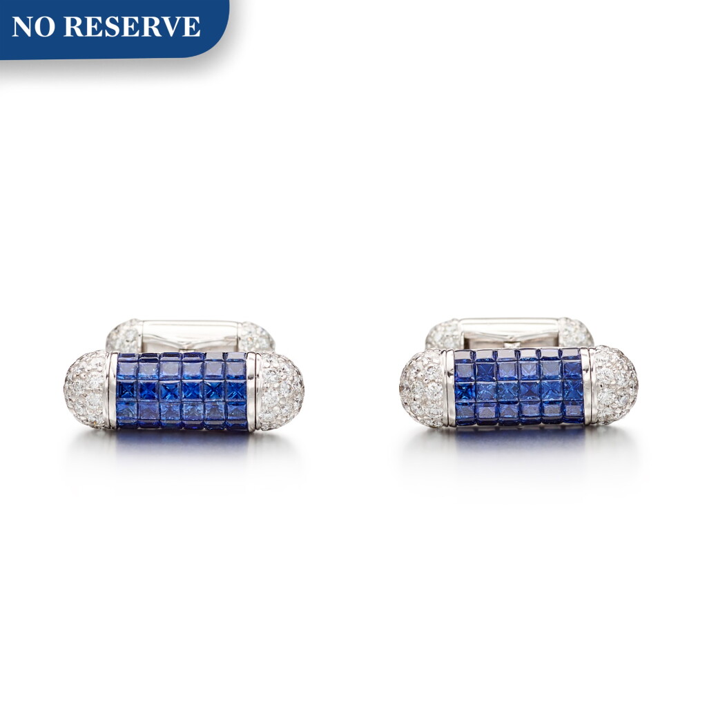View full screen - View 1 of Lot 1108. Pair of Sapphire and Diamond Cufflinks | 格拉夫| 藍寶石 配 鑽石 袖扣一對 (藍寶石及鑽石共重約4.70及2.30克拉).