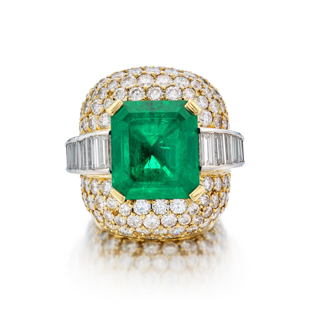 View full screen - View 1 of Lot 418. Emerald and Diamond Ring.