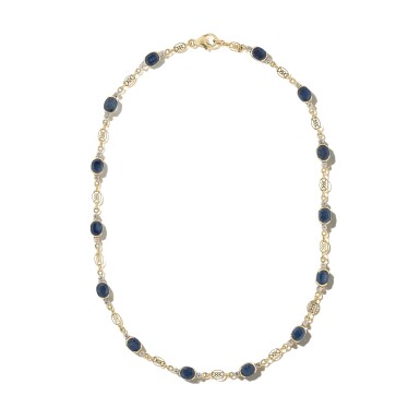 View full screen - View 1 of Lot 420. Collier saphir et diamant | Sapphire and diamond chain necklace.