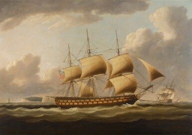 View full screen - View 1 of Lot 153. THOMAS BUTTERSWORTH | A ROYAL NAVY FOURTH-RATE SHIP OF THE LINE HEADING UP TO ANCHOR IN THE DOWNS OFF DEAL, KENT.