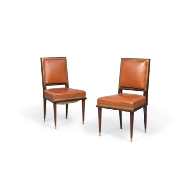 View full screen - View 1 of Lot 279. A pair of mahogany and brass chairs, mid 20th century, in the taste of Maison Jansen | Paire de chaises en acajou et laiton du milieu du XXe siècle, dans le goût de la maison Jansen.