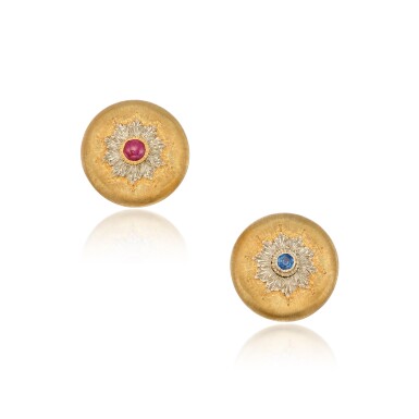 View full screen - View 1 of Lot 162. A Pair of Two-Color Gold, Sapphire and Ruby Earclips.