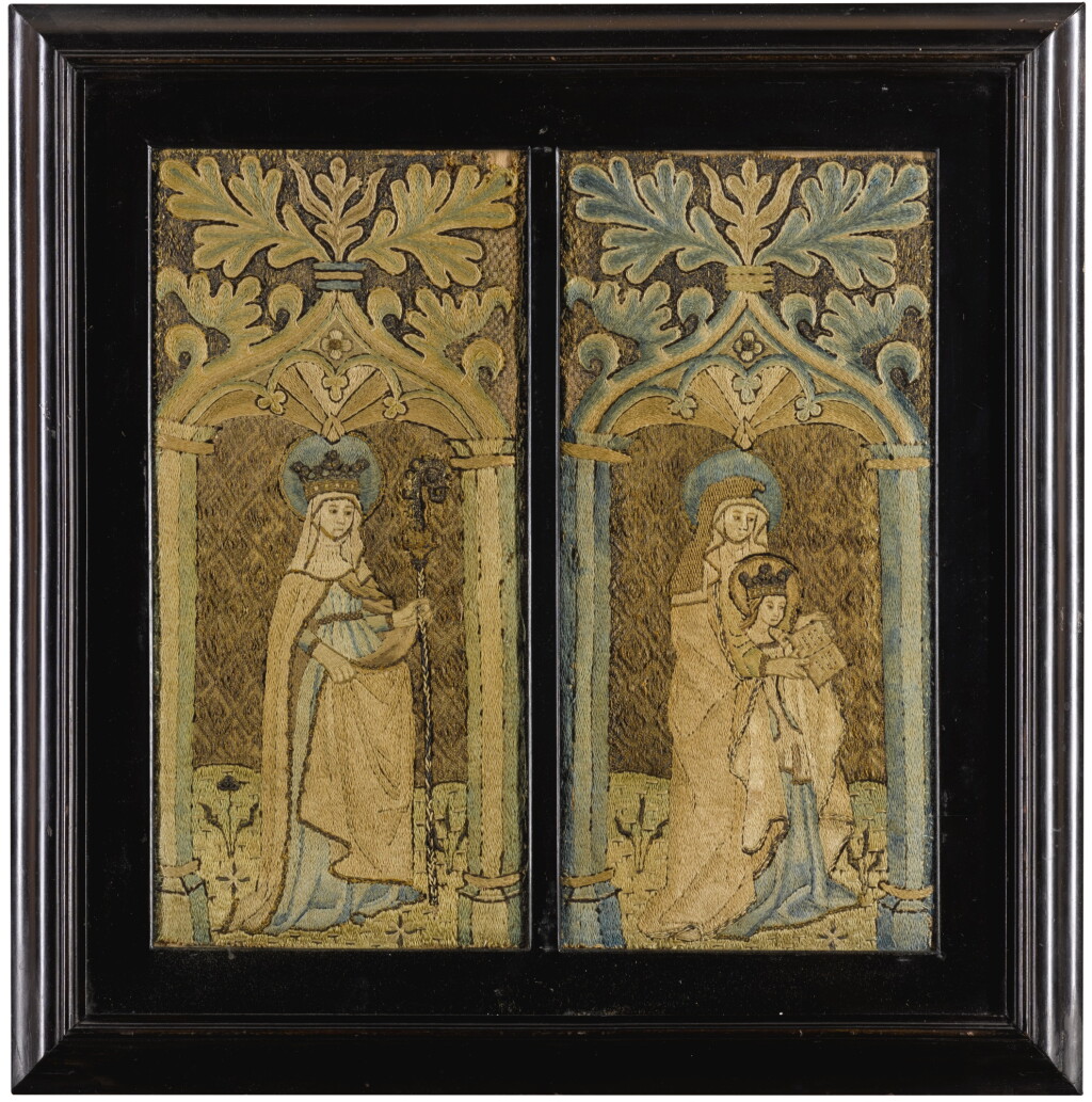 View full screen - View 1 of Lot 35. TWO MEDIEVAL OPUS ANGLICANUM EMBROIDERED ECCLESIASTICAL VERTICAL FRAGMENTS, ENGLISH, LATE 14TH CENTURY.