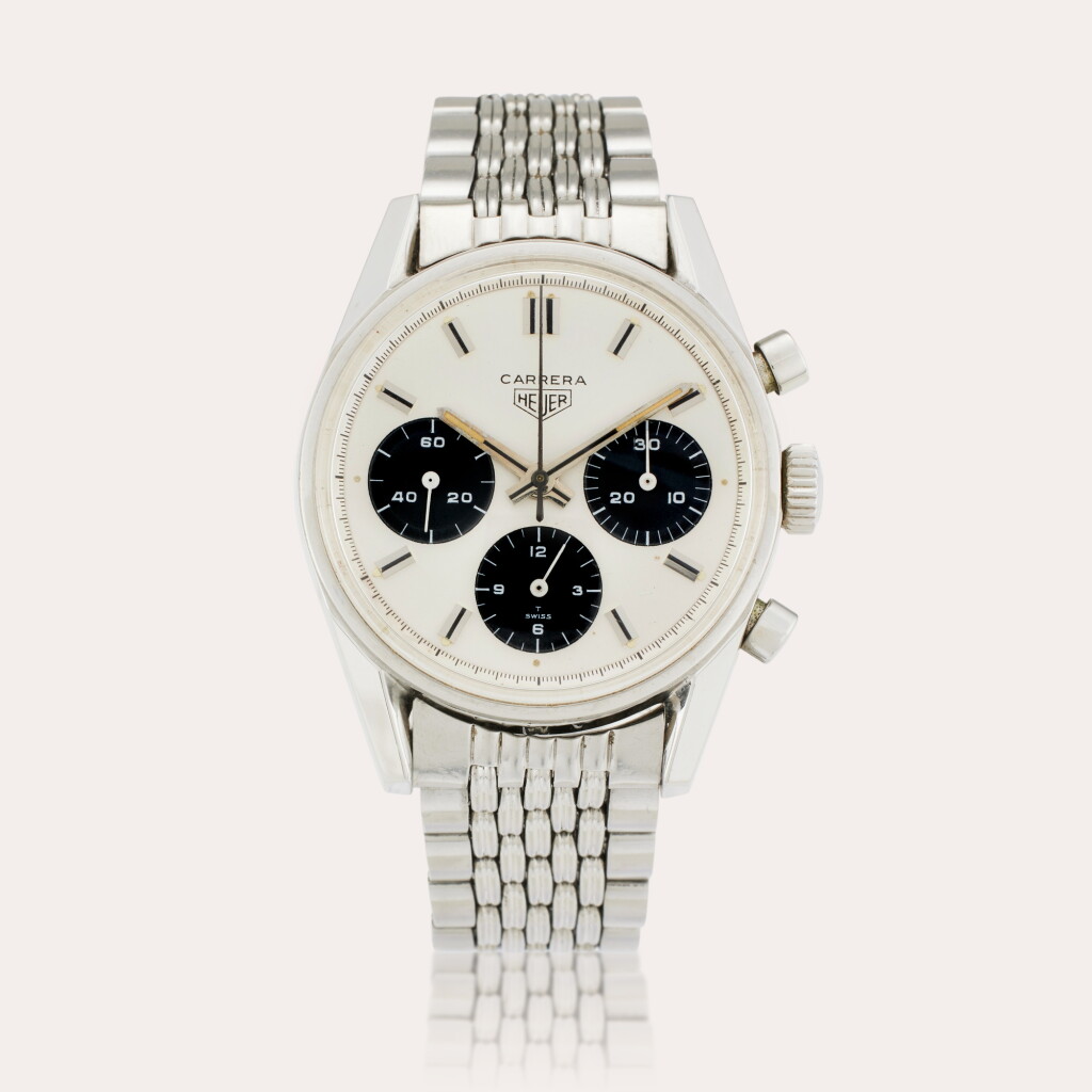 View full screen - View 1 of Lot 106. Reference 2447SN Carrera ‘Panda’ | A stainless steel chronograph wristwatch with bracelet, Circa 1970.