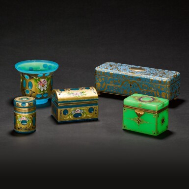 View full screen - View 1 of Lot 49. An enamelled gilt-metal rectangular casket, three glass boxes and a vase, 20th century.