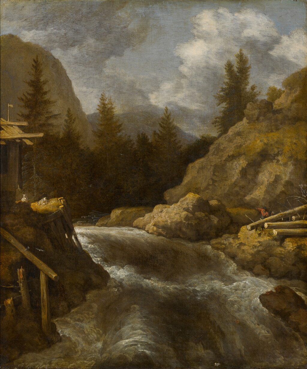 View full screen - View 1 of Lot 127. Norwegian rocky landscape with a waterfall, figures and felled trees to the right.
