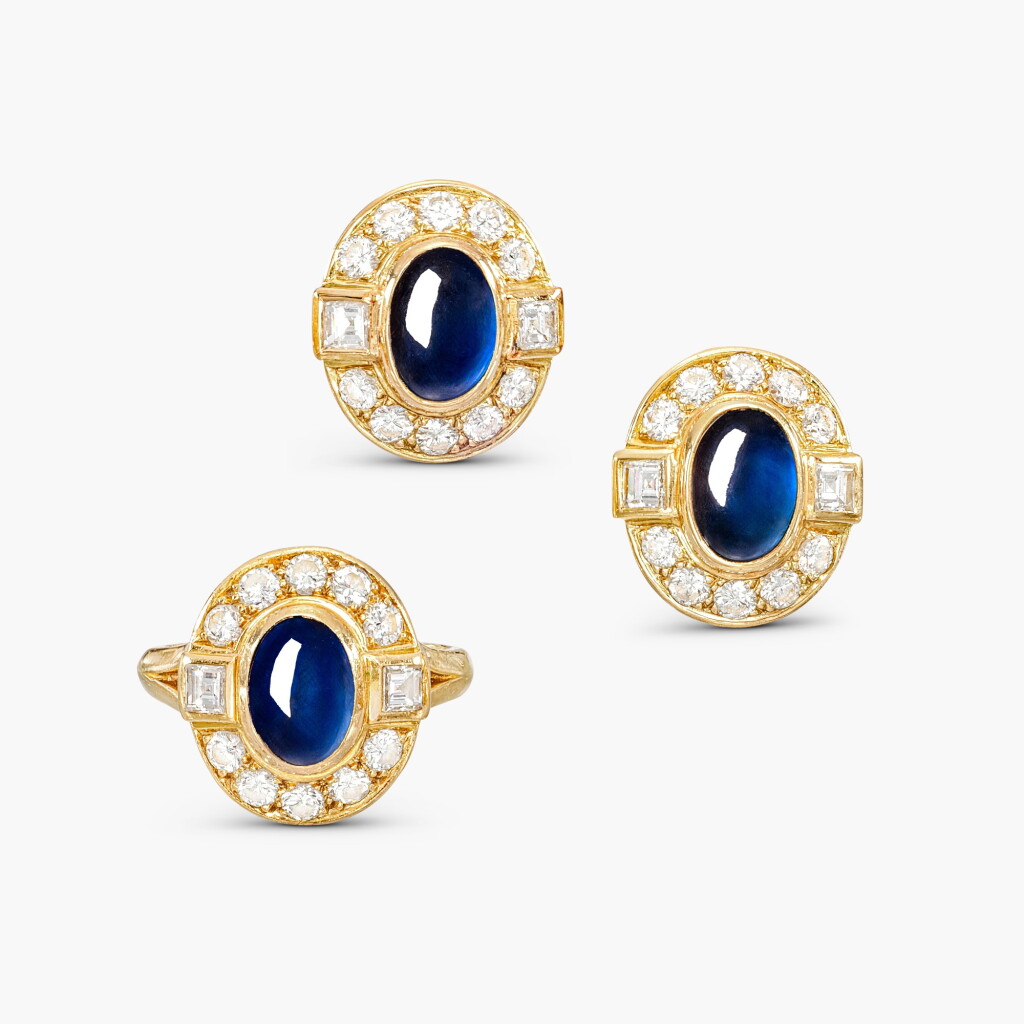 View full screen - View 1 of Lot 1289. Sapphire and Diamond Demi-Parure | 卡地亞 | 藍寶石 配 鑽石 耳環 及 戒指套裝.