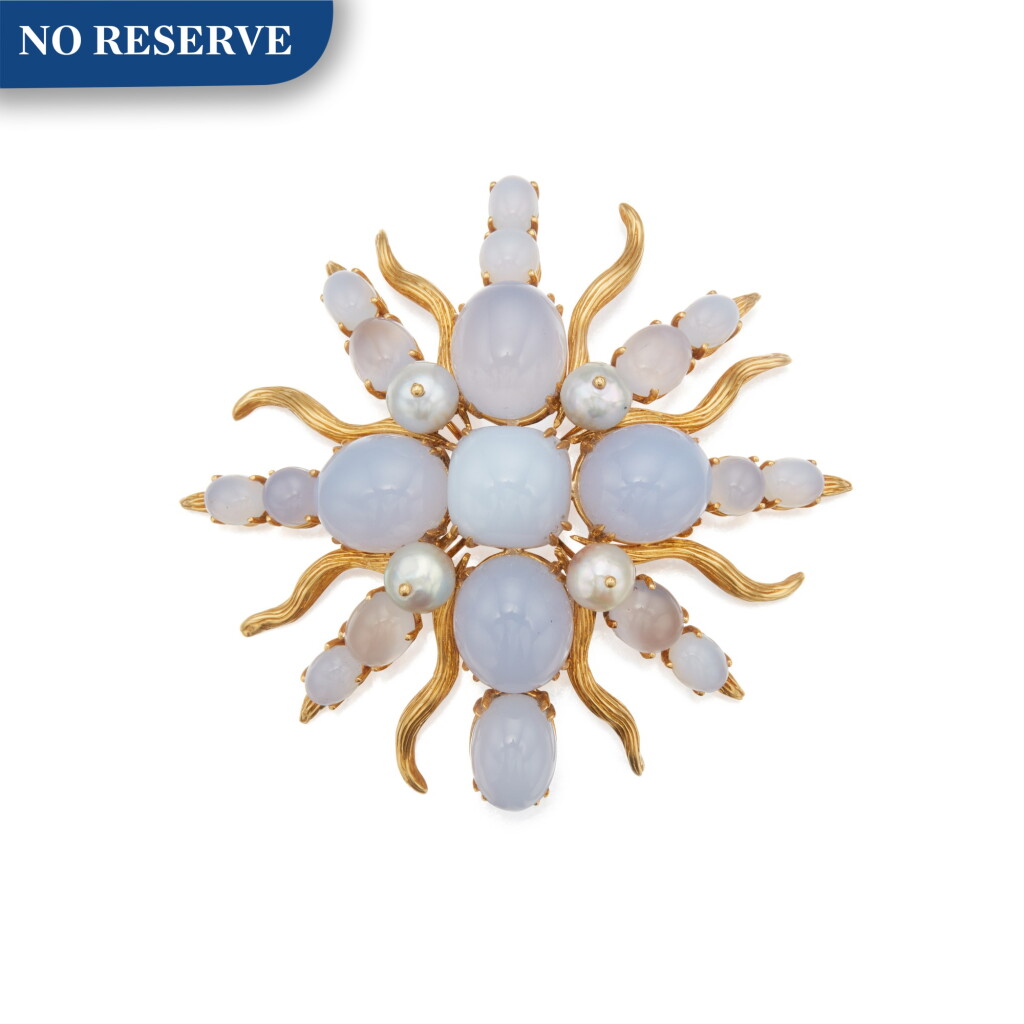 View full screen - View 1 of Lot 314. Tony Duquette | Gold, Cultured Pearl and Chalcedony Pendant-Brooch.
