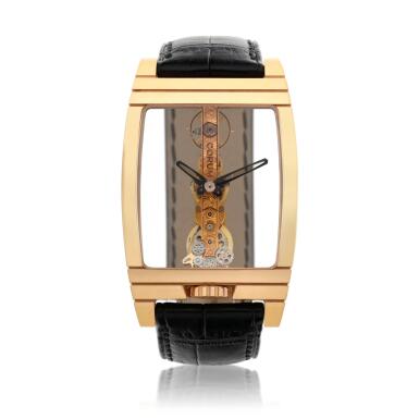 View full screen - View 1 of Lot 56. Golden Bridge A pink gold tonneau shaped skeletonized wristwatch, Circa 2005.
