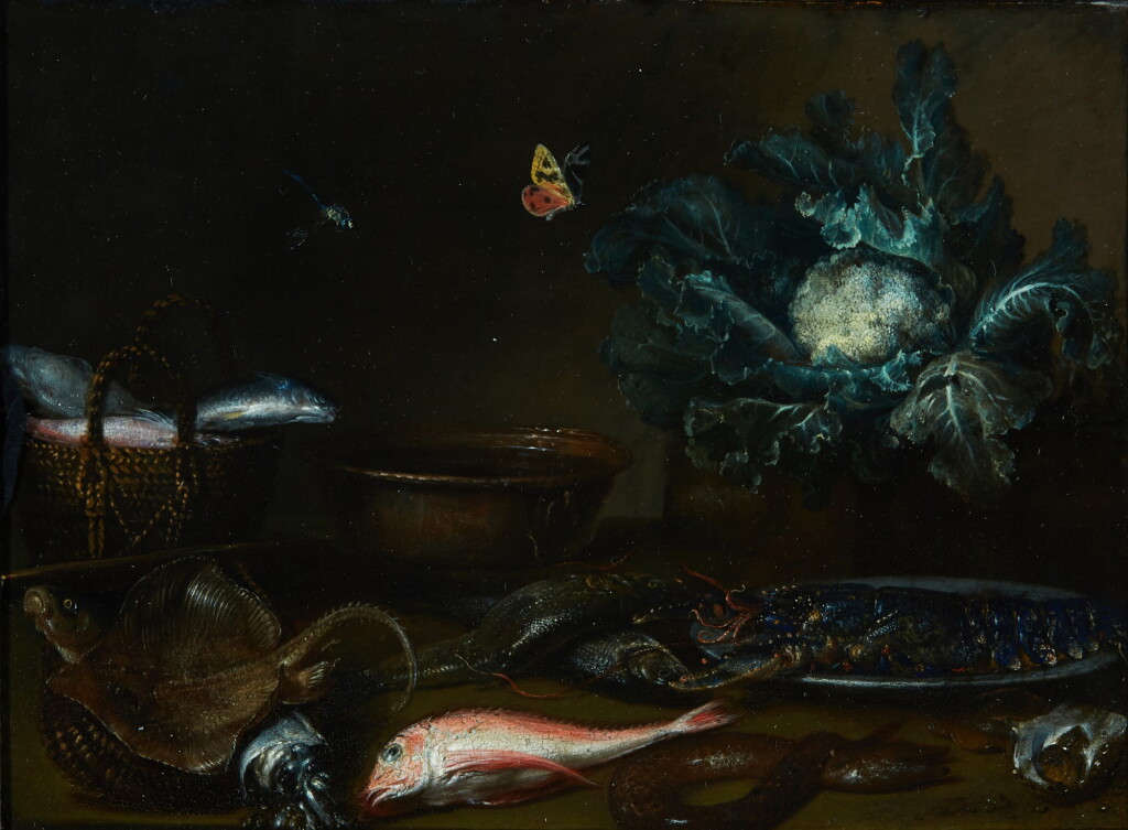 View full screen - View 1 of Lot 80. ATTRIBUTED TO OTTO MARSEUS VAN SCHRIECK | Kitchen still life with fish, a lobster, and a cauliflower all on a table top, with a butterfly and a dragonfly.