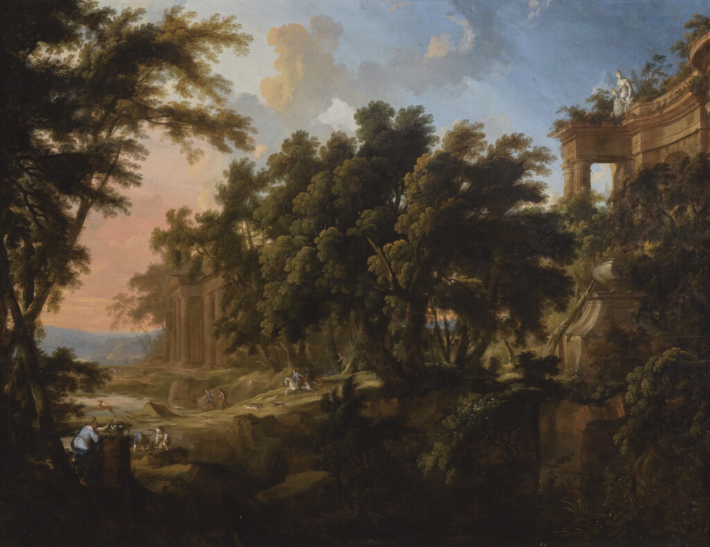 View full screen - View 1 of Lot 149. PIERRE-ANTOINE PATEL THE YOUNGER | An Italianate wooded landscape with ruins and a stag hunt beyond.