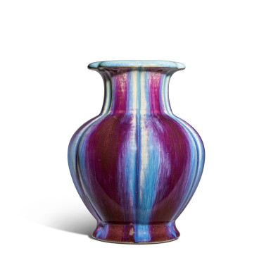 View full screen - View 1 of Lot 530. A flambé-glazed 'pomegranate' lobed vase, Seal mark and period of Qianlong | 清乾隆 窰變釉石榴尊 《大清乾隆年製》款.
