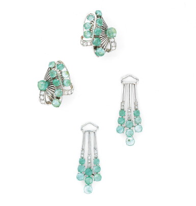 View full screen - View 1 of Lot 22. PAIRE DE PENDANTS D'OREILLE TRANSFORMABLES ÉMERAUDES ET DIAMANTS | PAIR OF EMERALD AND DIAMOND CONVERTIBLE EARRINGS.