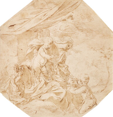 View full screen - View 1 of Lot 209. ATTRIBUTED TO BARTOLOMEO BISCAINO | RECTO: THE HOLY FAMILY WITH ST. JOHN THE BAPTIST VERSO: TWO STUDIES OF A BEARDED MAN LOOKING DOWN.