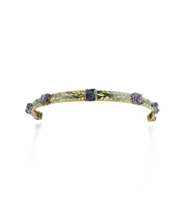 View full screen - View 1 of Lot 4. Bandeau verre, émail et diamants, "Pensées" | Glass, enamel and diamond tiara, 'Pansies'.