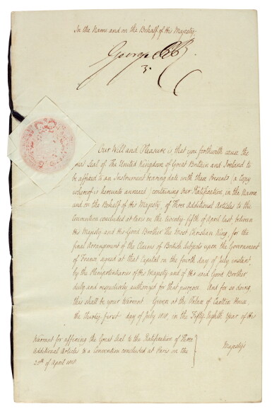 View full screen - View 1 of Lot 73. George IV | document signed, as Prince Regent, 1818.