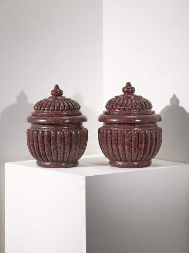 View full screen - View 1 of Lot 3. A pair of Italian carved Egyptian porphyry vases and covers, Rome, 17th century .