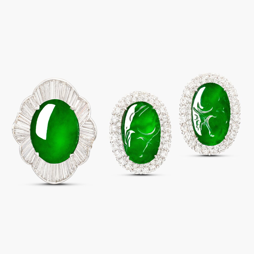 View full screen - View 1 of Lot 1793. Jadeite and Diamond Ring and Pair of Earrings | 天然翡翠 配 鑽石 戒指 及 耳環 一對.