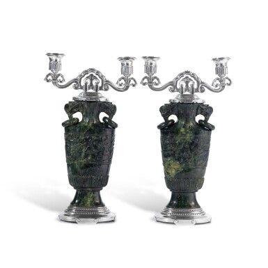 View full screen - View 1 of Lot 760. A Pair of French Art Deco Silver and Nephrite Two-Light Candelabra, Robert Linzeler for Cartier, Paris, Circa 1930–40.