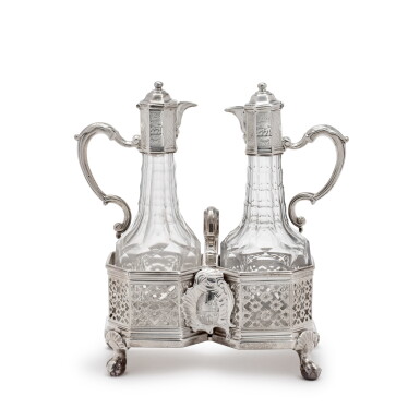 View full screen - View 1 of Lot 106. A George II Silver Two-Bottle Cruet Stand, Edward Feline, London, 1747.