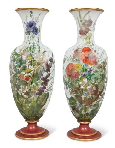 View full screen - View 1 of Lot 281. A PAIR OF BACCARAT LARGE OPAQUE-WHITE PAINTED GLASS BALUSTER VASES, SECOND-HALF 19TH CENTURY.