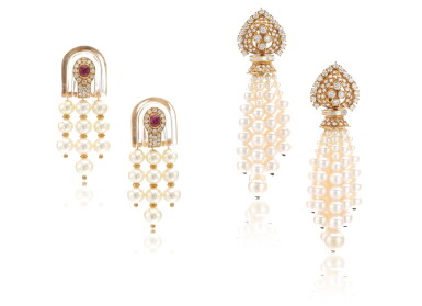 View full screen - View 1 of Lot 911. Pair of cultured pearl and diamond pendent earrings and a pair of cultured pearl, rock crystal, ruby and diamond pendent ear clips, Boucheron.