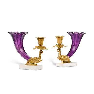 View full screen - View 1 of Lot 283. A pair of William IV gilt-bronze mounted cornucopia-shaped vases and candlesticks, second quarter 19th century.