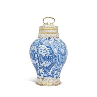 View full screen - View 1 of Lot 141. A Large German Parcel-Gilt Silver-Mounted Blue and White Faience Canister, Christian Mentzel the Elder, Breslau, Circa 1680.