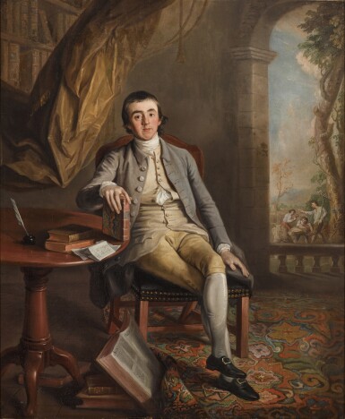 View full screen - View 1 of Lot 78. Portrait of Thomas Clayton, full-length, seated at a table in an interior.