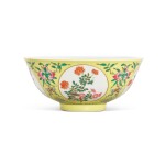 A fine yellow-ground famille-rose ‘medallion’ bowl, Seal mark and period of Daoguang 清道光 內青花花卉紋外粉彩黃地軋道開光萬壽牡丹紋盌 《大清道光年製》款