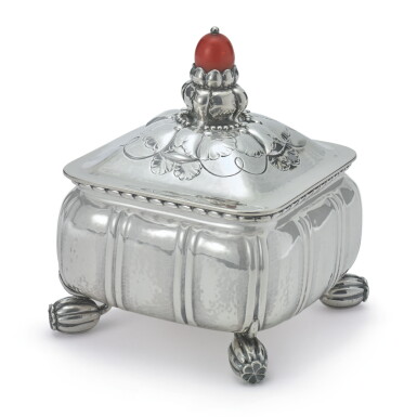 View full screen - View 1 of Lot 943. A DANISH SILVER AND HARDSTONE TEA CADDY, NO. 30B, GEORG JENSEN SILVERSMITHY, COPENHAGEN, CIRCA 1925-32.