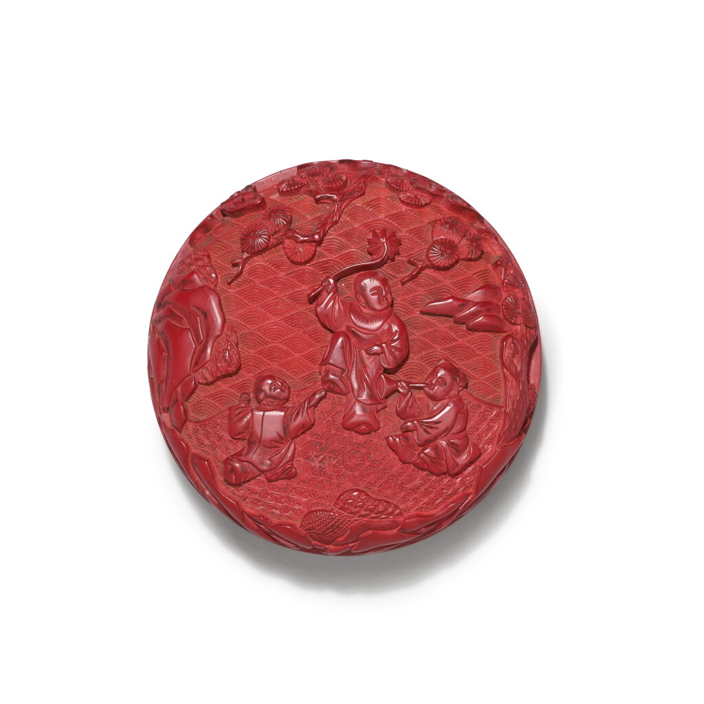 View full screen - View 1 of Lot 30. A small carved cinnabar lacquer box and cover, Ming dynasty, 16th century | 明十六世紀 剔紅嬰戲圖印盒 .