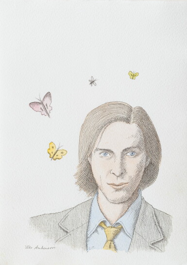 View full screen - View 1 of Lot 145. Portrait de Wes Anderson en buste, des papillons volant au dessus de sa tête.