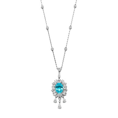 View full screen - View 1 of Lot 2811. Paraíba-Type Tourmaline and Diamond Pendent Necklace | 「莫桑比克」帕拉伊巴碧璽 配 鑽石 項鏈 (帕拉伊巴碧璽 重約5.10克拉).