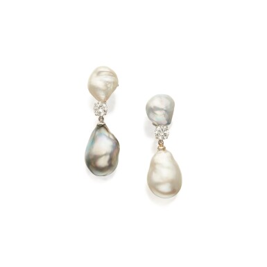 View full screen - View 1 of Lot 341. Pair of Baroque Cultured Pearl and Diamond Pendant-Earclips.