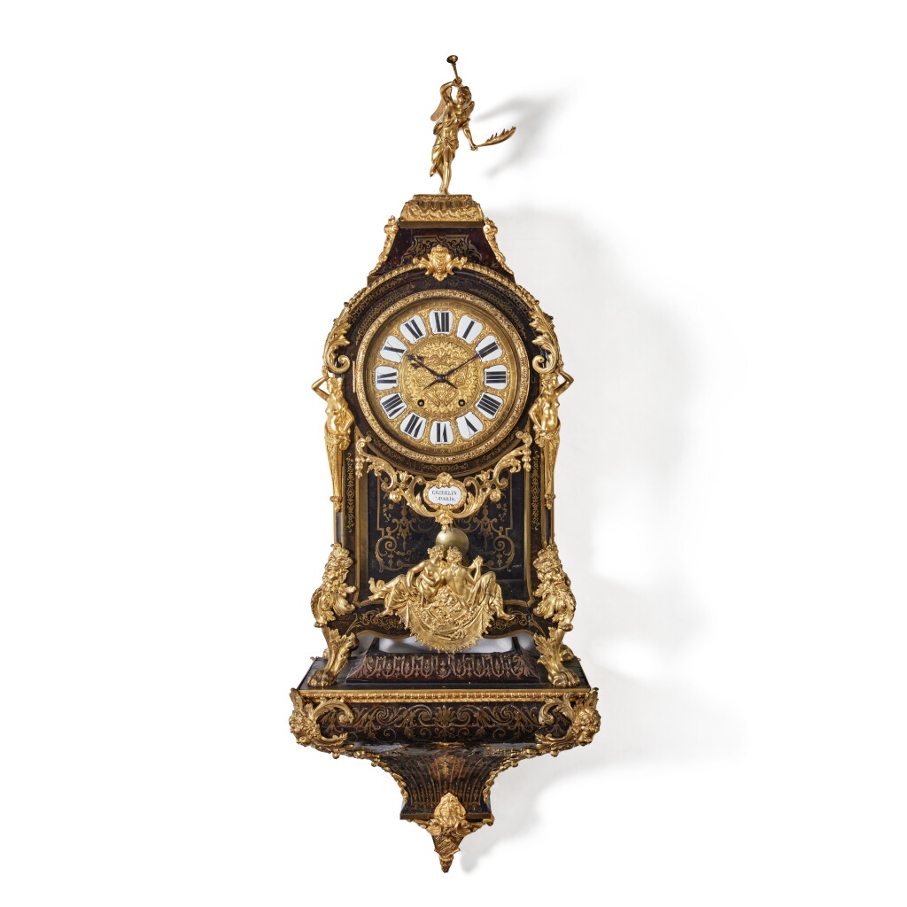 View full screen - View 1 of Lot 662. A Louis XIV Gilt-Bronze Mounted Brass-Inlaid Tortoiseshell Boulle Marquetry Cartel Clock and Bracket, Early 18th Century.