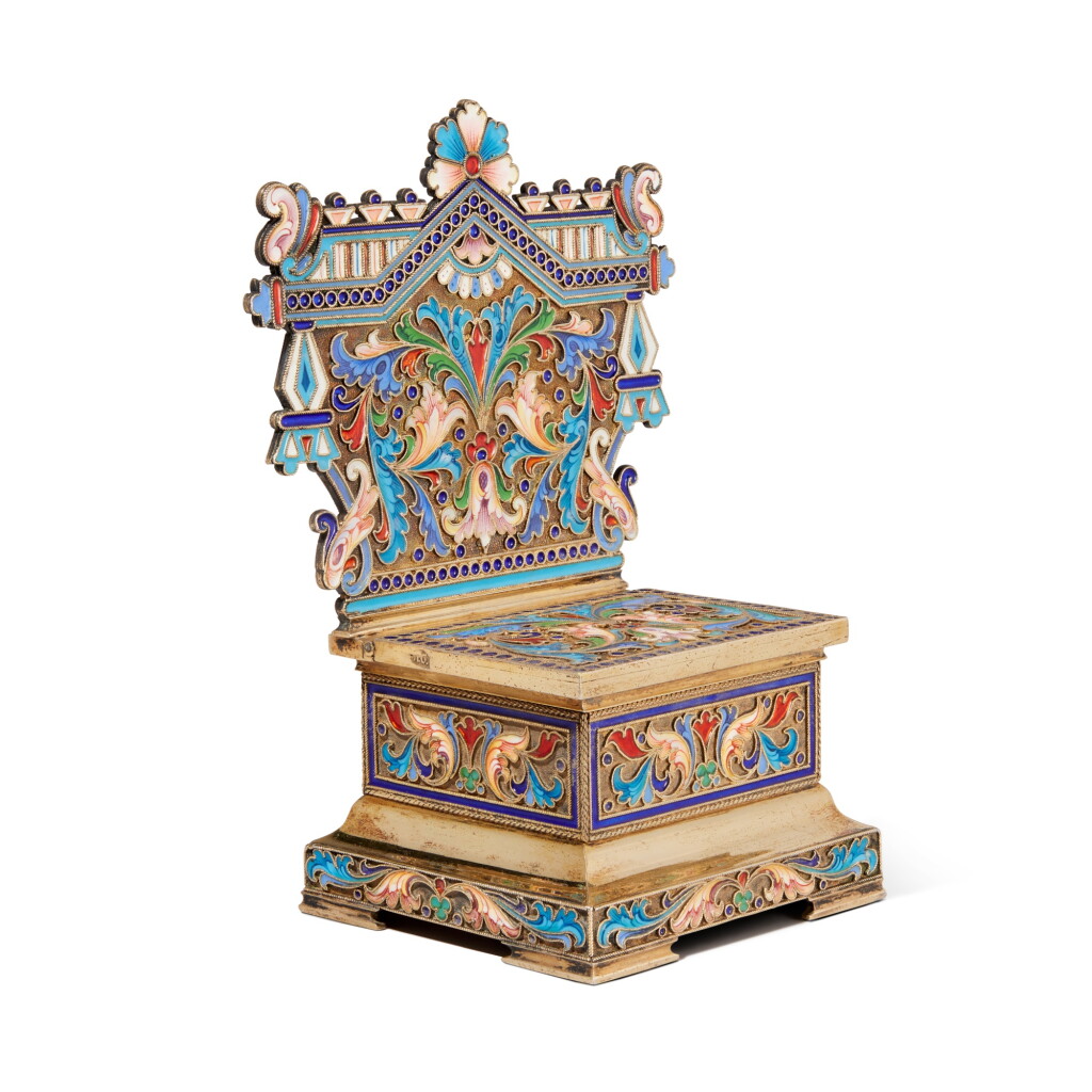 View full screen - View 1 of Lot 233. A silver-gilt and cloisonné enamel salt throne, Ovchinnikov, Moscow, 1899-1907.