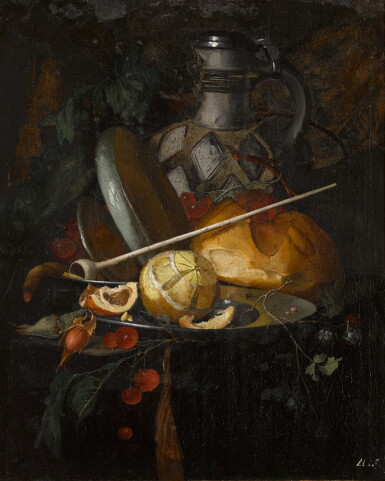 View full screen - View 1 of Lot 117. Still life with a partly-peeled orange on a pewter plate with raspberries, cherries, grapes, a loaf of bread, a pipe and a water jug on a partly-draped table.