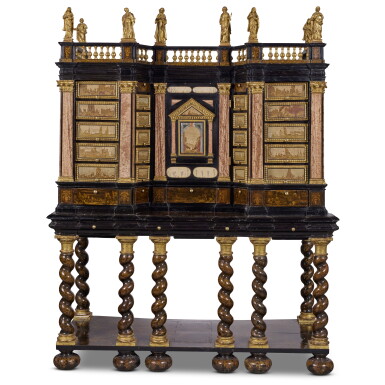 View full screen - View 1 of Lot 612. An Italian Baroque Marble and Pietre Paesina Mounted Ebony, Giltwood and Ebonised and Painted Walnut Cabinet on Stand, Circa 1700.